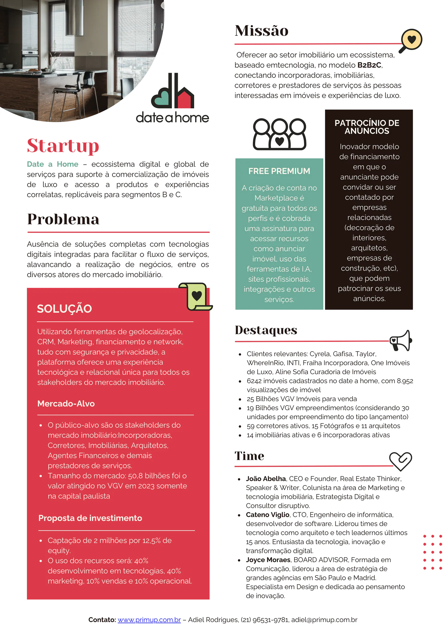 página institucional da startup date a home com missão, problema, solução e equipe